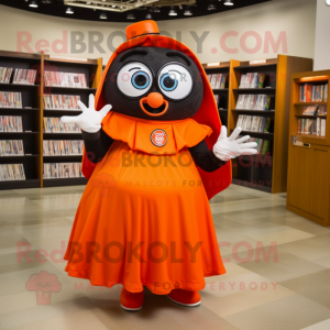 Orange Vampire mascot costume character dressed with a Circle Skirt and Reading glasses