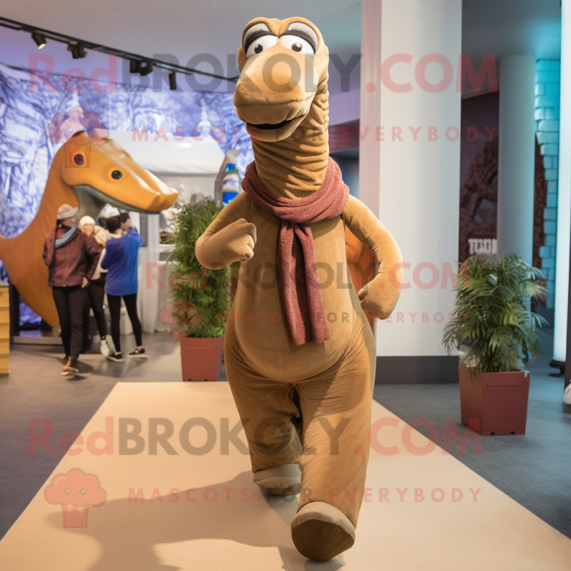 Brown Brachiosaurus mascot costume character dressed with a Joggers and Scarves Brown Brachiosaurus mascot costume character dressed with a Joggers and Scarves