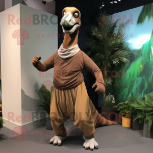 Brown Brachiosaurus mascot costume character dressed with a Joggers and Scarves