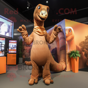 Brown Brachiosaurus mascot costume character dressed with a Joggers and Scarves