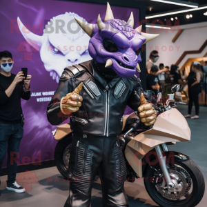 Lavender Triceratops mascot costume character dressed with a Biker Jacket and Smartwatches