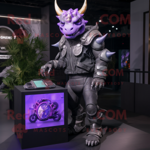 Lavender Triceratops mascot costume character dressed with a Biker Jacket and Smartwatches