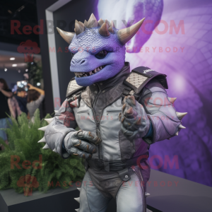 Lavender Triceratops mascot costume character dressed with a Biker Jacket and Smartwatches