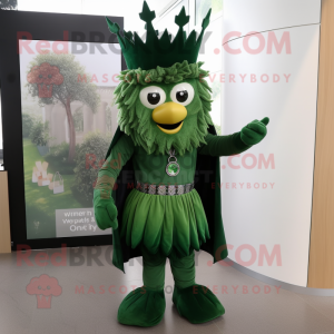 Forest Green King mascot costume character dressed with a A-Line Dress and Backpacks