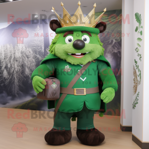 Forest Green King mascot costume character dressed with a A-Line Dress and Backpacks