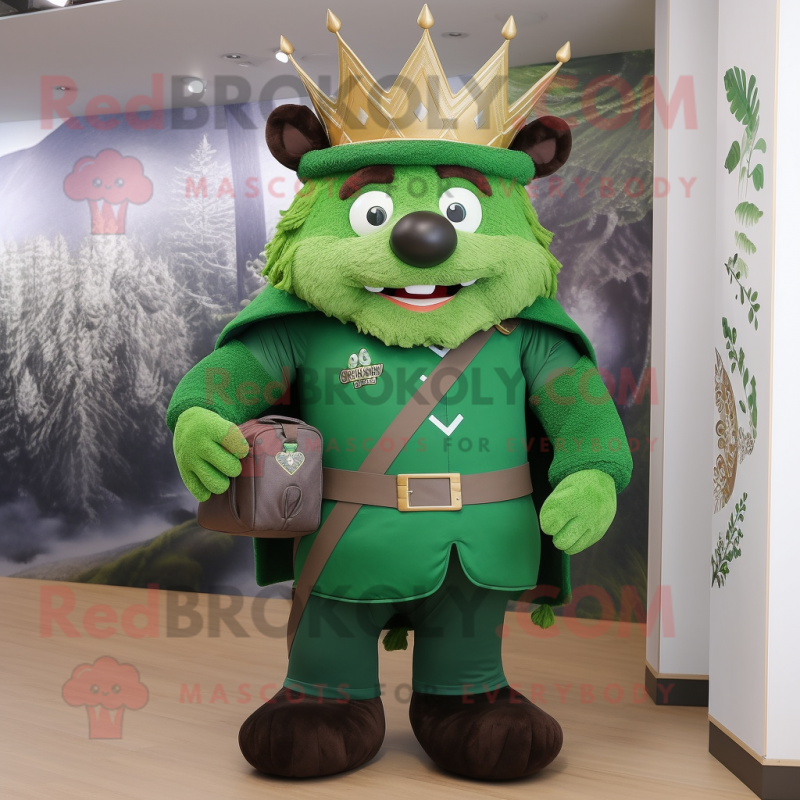 Forest Green King mascot costume character dressed with a A-Line Dress and Backpacks