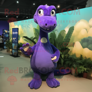 Lavender Brachiosaurus mascot costume character dressed with a T-Shirt and Brooches