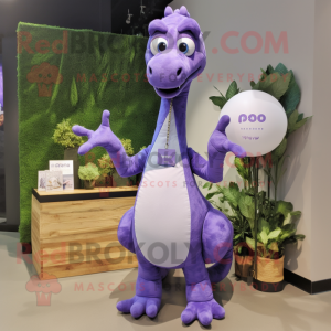 Lavender Brachiosaurus mascot costume character dressed with a T-Shirt and Brooches