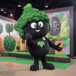 Black Broccoli mascot costume character dressed with a Sweater and Lapel pins