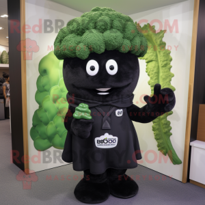 Black Broccoli mascot costume character dressed with a Sweater and Lapel pins