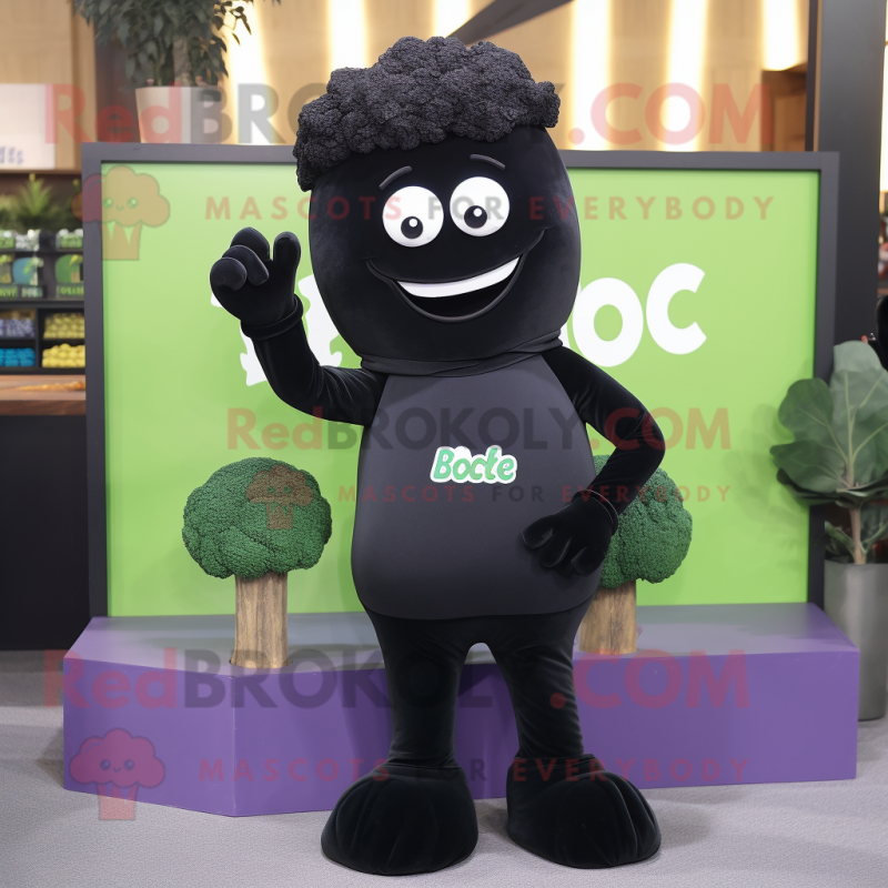 Black Broccoli mascot costume character dressed with a Sweater and Lapel pins