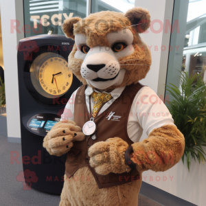 Cream Jaguarundi mascot costume character dressed with a Waistcoat and Digital watches