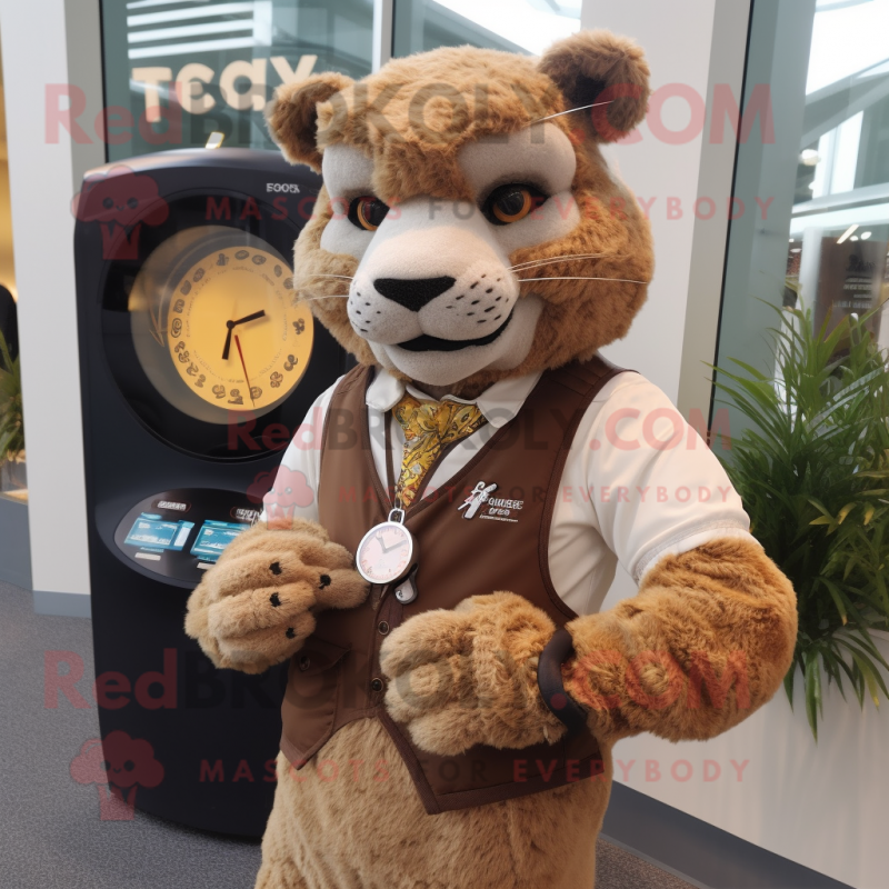 Cream Jaguarundi mascot costume character dressed with a Waistcoat and Digital watches