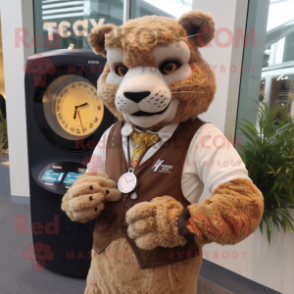 Cream Jaguarundi mascot costume character dressed with a Waistcoat and Digital watches