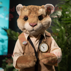 Cream Jaguarundi mascot costume character dressed with a Waistcoat and Digital watches