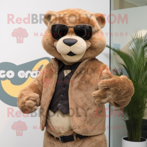 Cream Jaguarundi mascot costume character dressed with a Waistcoat and Digital watches