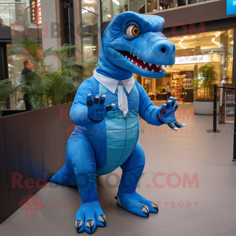 Blue Tyrannosaurus mascot costume character dressed with a Chinos and Smartwatches