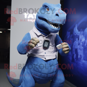 Blue Tyrannosaurus mascot costume character dressed with a Chinos and Smartwatches