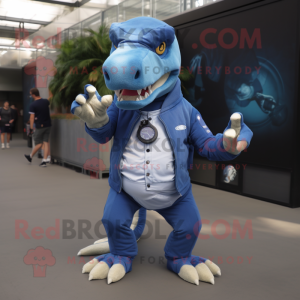 Blue Tyrannosaurus mascot costume character dressed with a Chinos and Smartwatches