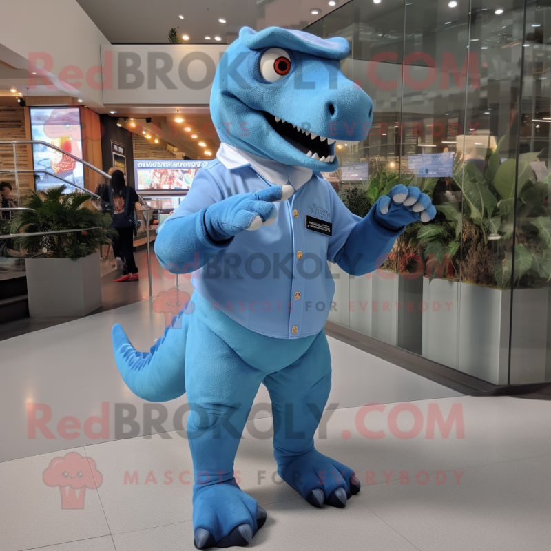 Blue Tyrannosaurus mascot costume character dressed with a Chinos and Smartwatches