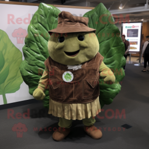 Brown Cabbage Leaf mascot costume character dressed with a Playsuit and Hat pins