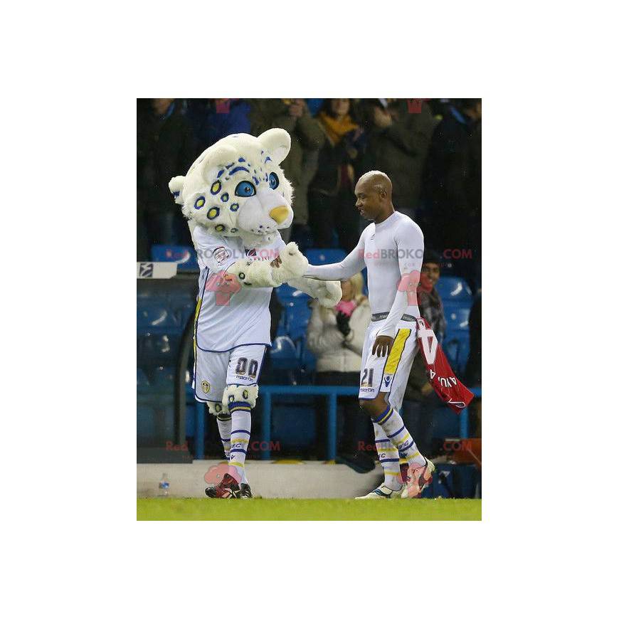 Mascotte de tigre blanc aux yeux bleus en tenue de sport -