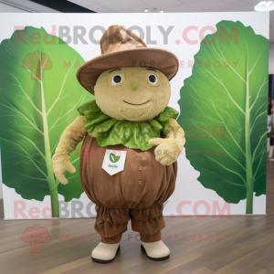 Brown Cabbage Leaf mascot costume character dressed with a Playsuit and Hat pins