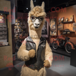 Tan Llama mascot costume character dressed with a Biker Jacket and Coin purses