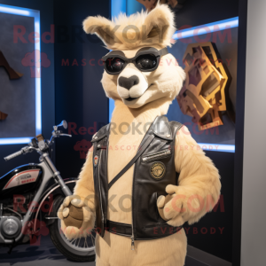 Tan Llama mascot costume character dressed with a Biker Jacket and Coin purses