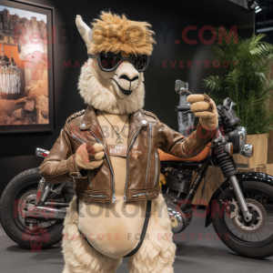 Tan Llama mascot costume character dressed with a Biker Jacket and Coin purses