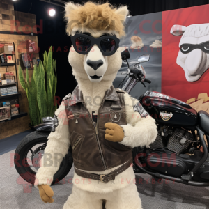 Tan Llama mascot costume character dressed with a Biker Jacket and Coin purses