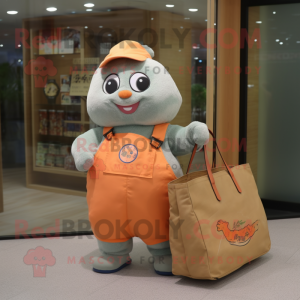 Peach Seal mascot costume character dressed with a Dungarees and Tote bags