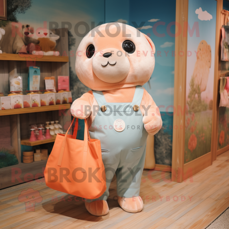 Peach Seal mascot costume character dressed with a Dungarees and Tote bags