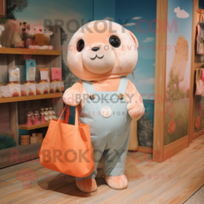 Peach Seal mascot costume character dressed with a Dungarees and Tote bags