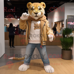 Tan Saber-Toothed Tiger mascot costume character dressed with a Boyfriend Jeans and Shawl pins