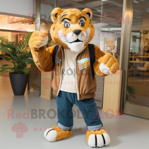 Tan Saber-Toothed Tiger mascot costume character dressed with a Boyfriend Jeans and Shawl pins