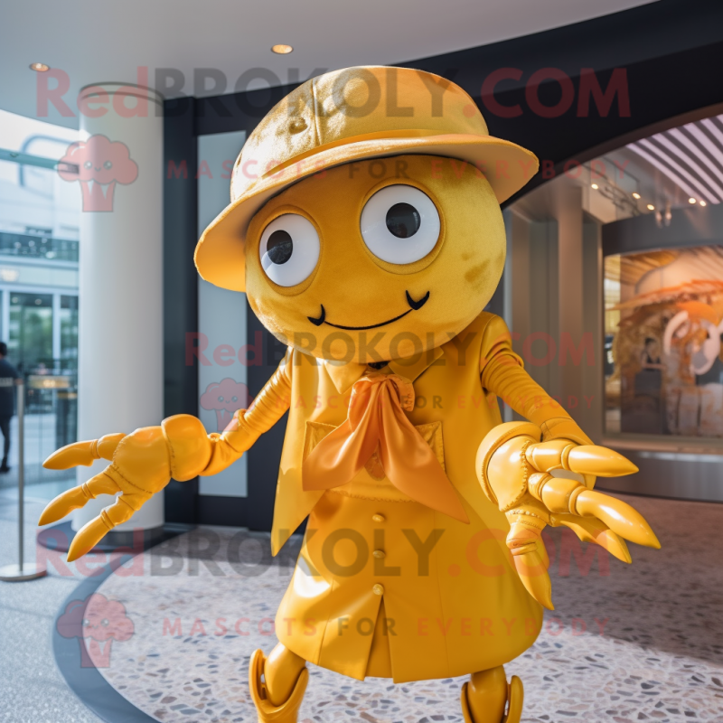 Gold Crab mascot costume character dressed with a Shift Dress and Hat pins