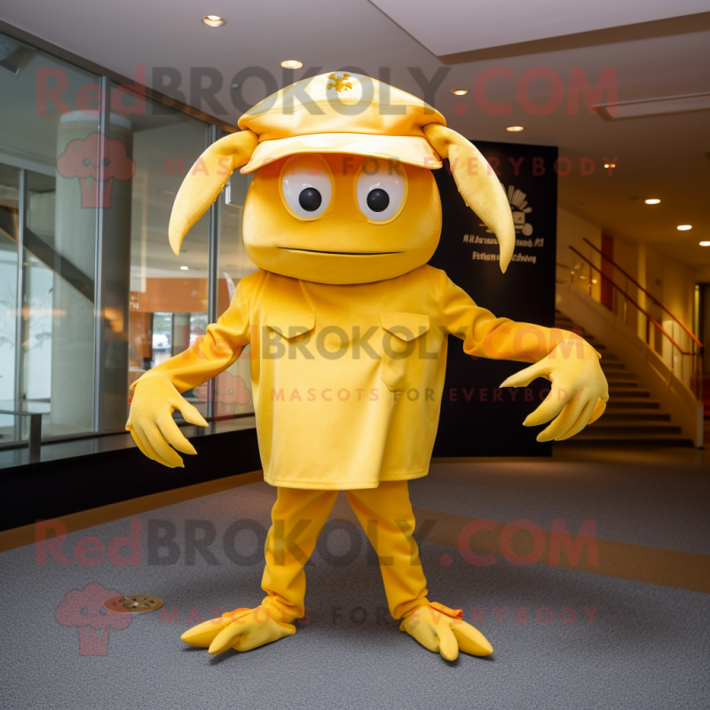 Gold Crab mascot costume character dressed with a Shift Dress and Hat pins