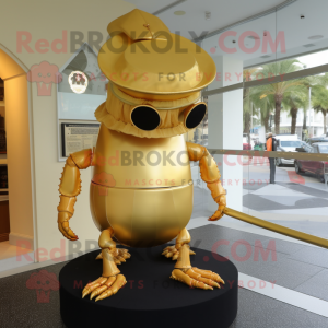Gold Crab mascot costume character dressed with a Shift Dress and Hat pins