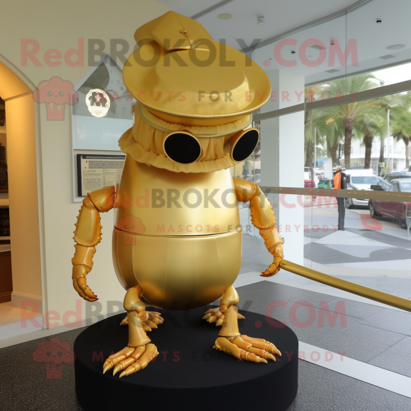 Gold Crab mascot costume character dressed with a Shift Dress and Hat pins Gold Crab mascot costume character dressed with a Shift Dress and Hat pins