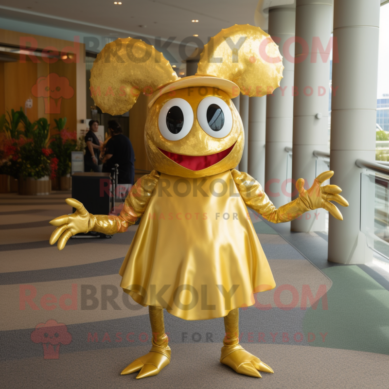 Gold Crab mascot costume character dressed with a Shift Dress and Hat pins