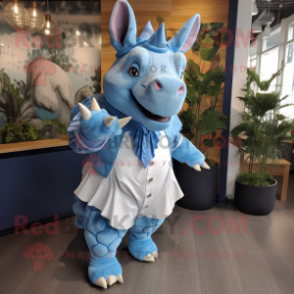 Blue Rhinoceros mascot costume character dressed with a Blouse and Hairpins