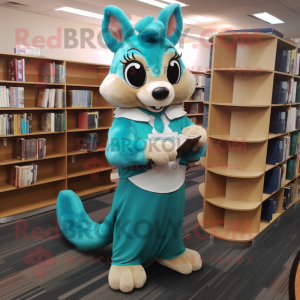 Teal Squirrel mascot costume character dressed with a Maxi Skirt and Reading glasses