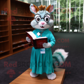 Teal Squirrel mascot costume character dressed with a Maxi Skirt and Reading glasses