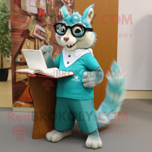 Teal Squirrel mascot costume character dressed with a Maxi Skirt and Reading glasses