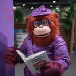 Purple Orangutan mascot costume character dressed with a Playsuit and Reading glasses