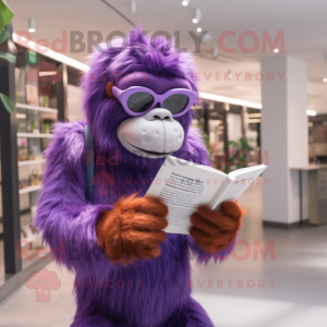 Purple Orangutan mascot costume character dressed with a Playsuit and Reading glasses