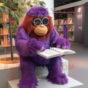Purple Orangutan mascot costume character dressed with a Playsuit and Reading glasses