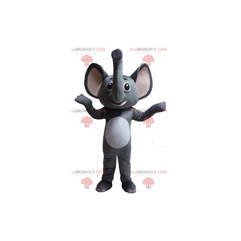 Mascotte elefante grigio e bianco divertente e originale -