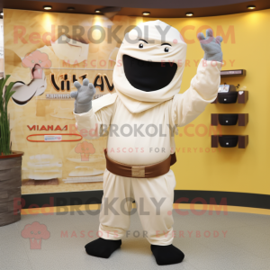 Cream Ninja mascot costume character dressed with a V-Neck Tee and Caps